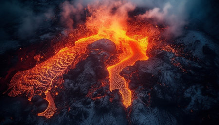 Burning mountain erupts, smoke and lava flowing generated by artificial intelligenceの素材