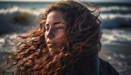 Young woman enjoys carefree summer by the water generated by artificial intelligenceの素材