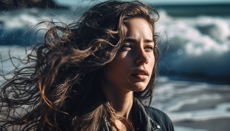 Young woman enjoying the freedom of nature generated by artificial intelligenceの素材