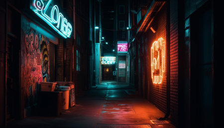 Glowing neon signs illuminate the city nightlife generated by artificial intelligenceの素材