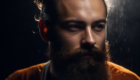 Confident young man with beard and mustache generated by artificial intelligenceの素材