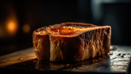 Grilled meat slice on rustic wooden plate generated by artificial intelligenceの素材