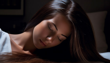 Beautiful young woman sleeping comfortably in bed generated by artificial intelligenceの素材