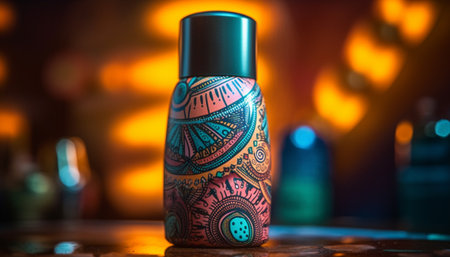 Multi colored bottles glow on wooden table generated by artificial intelligenceの素材