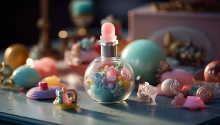 Beauty product bottle collection in multi colored glass generated by artificial intelligenceの素材