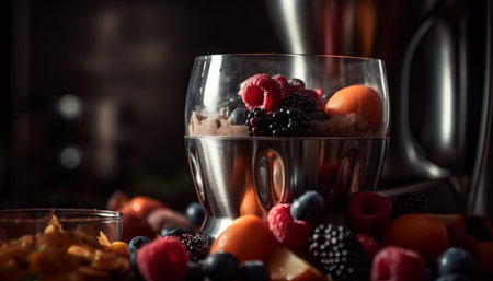 Fresh berry bowl blueberry, raspberry, strawberry, blackberry, cranberry generated by artificial intelligenceの素材