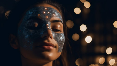 Young woman glowing in the dark, eyes closed generated by artificial intelligenceの素材