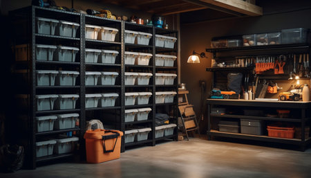 Men working inside workshop, crafting old fashioned bookshelf generated by artificial intelligenceの素材