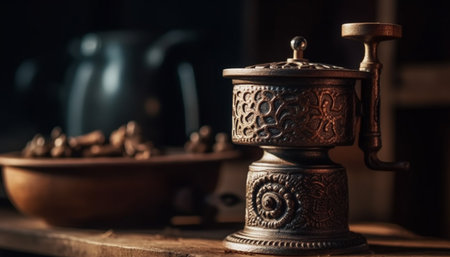 Rustic teapot handle, ancient copper kitchen utensil generated by artificial intelligenceの素材