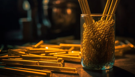 Whiskey glass on wood table in pub generated by artificial intelligenceの素材