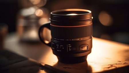 Close up of camera lens on wooden table generated by artificial intelligenceの素材
