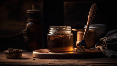Organic honey in rustic jar on wooden table generated by artificial intelligenceの素材