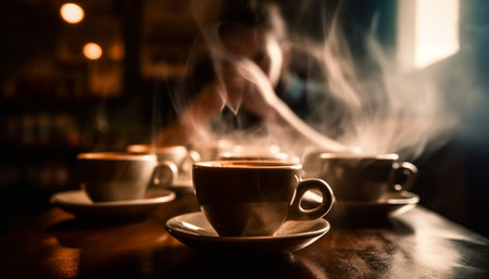 Fresh cappuccino on wooden table with saucer generated by artificial intelligenceの素材