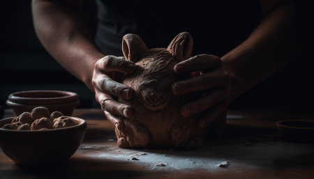 Handmade earthenware bowl crafted by skilled potter generated by artificial intelligenceの素材