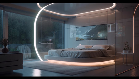 Luxury bedroom with comfortable bed and blue decor generated by artificial intelligenceの素材