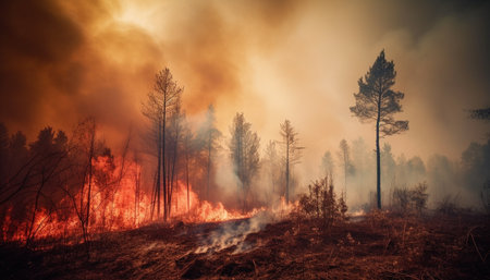 Burning forest fire creates inferno, smoke rises generated by artificial intelligenceの素材