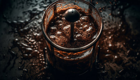 Liquid refreshment spilling from glass on table generated by artificial intelligenceの素材