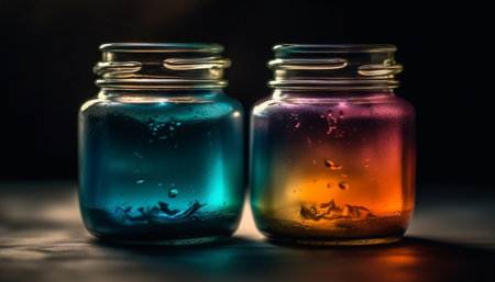 Transparent glass bottle reflects wet blue background generated by artificial intelligenceの素材