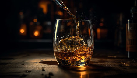 Luxury whiskey poured into glass at bar generated by artificial intelligenceの素材