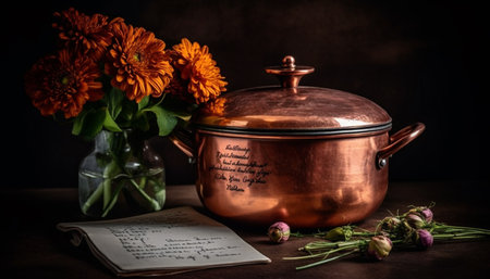 Rustic vase holds fresh flower bouquet indoors generated by artificial intelligenceの素材