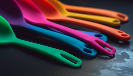 Vibrant colors of kitchen utensils in still life generated by artificial intelligenceの素材