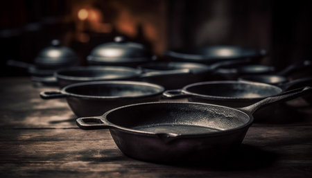 Rustic metal cooking pan on wooden table generated by artificial intelligenceの素材