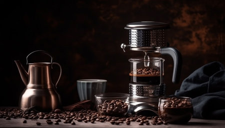 Freshly ground coffee beans in rustic burlap sack generated by artificial intelligenceの素材