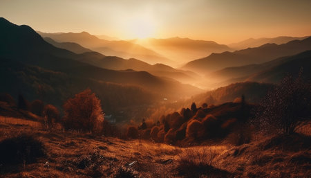 Majestic mountain peak silhouettes against blue sky generated by artificial intelligenceの素材