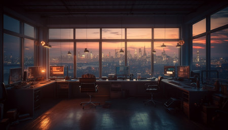 Modern cityscape through window, illuminated at dusk generated by artificial intelligenceの素材