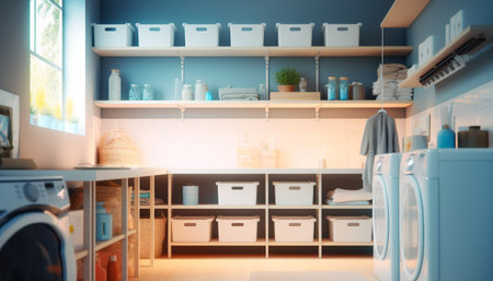 Clean modern kitchen cabinet shelf with equipment collection generated by artificial intelligenceの素材