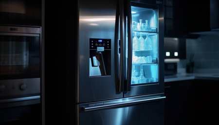Modern kitchen appliances illuminate the domestic room generated by artificial intelligenceの素材
