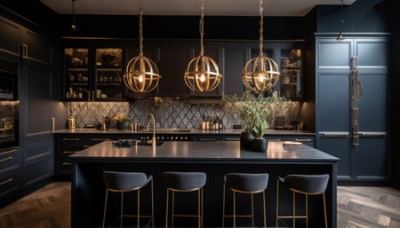 Luxury kitchen island, stainless steel appliances, marble decor generated by artificial intelligenceの素材