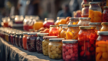 Variety of pickled vegetables in glass jars generated by artificial intelligenceの素材