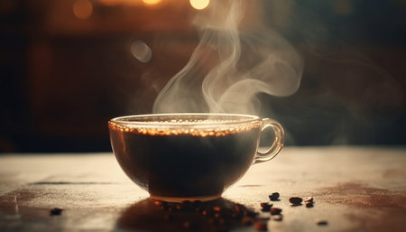 Hot drink on rustic table, steam rising generated by artificial intelligenceの素材
