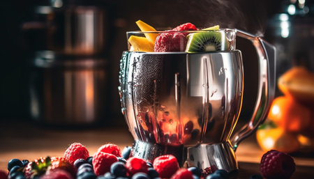 Fresh berry cocktail on rustic wood table generated by artificial intelligenceの素材