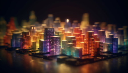 Glowing city skyline reflects in purple dusk generated by artificial intelligenceの素材