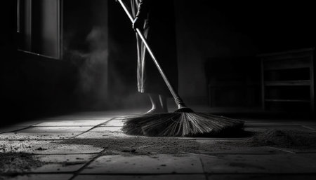 One person sweeping dirty floor with broom generated by artificial intelligenceの素材