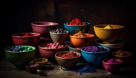 Vibrant earthenware collection of spice and herb bowls generated by artificial intelligenceの素材