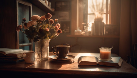 Old fashioned literature on rustic bookshelf, coffee cup generated by artificial intelligenceの素材