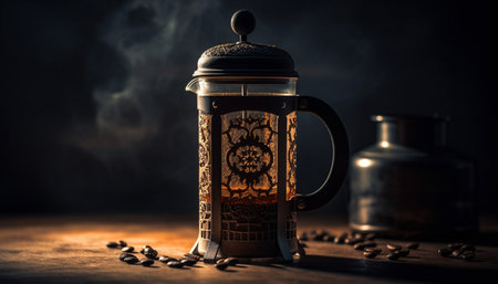 Hot coffee in old fashioned mug on rustic table generated by artificial intelligenceの素材