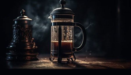 Rustic wood table holds hot coffee mug generated by artificial intelligenceの素材