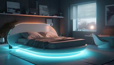 Comfortable modern bedroom illuminated by electric lamp generated by artificial intelligenceの素材