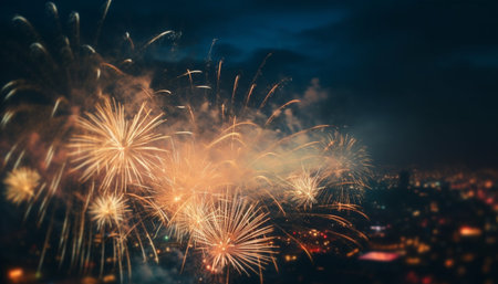 Multi colored fireworks exploding, illuminating the night sky generated by artificial intelligenceの素材