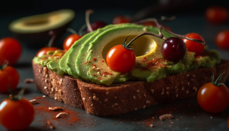Fresh gourmet sandwich with avocado and tomato generated by artificial intelligenceの素材