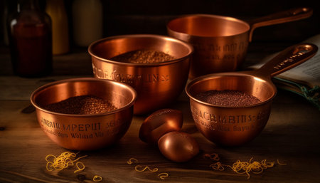Fresh coffee beans in wooden bowl on table generated by artificial intelligenceの素材