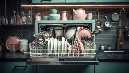 Clean crockery and silverware on kitchen shelf generated by artificial intelligenceの素材