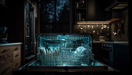 Modern kitchen equipment stove, oven, refrigerator, dishwasher generated by artificial intelligenceの素材