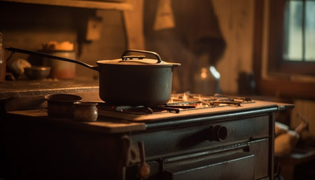 Steel stove top burner heats cooking pan generated by artificial intelligenceの素材