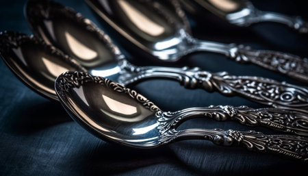 Antique silverware collection, ornate pattern, still life generated by artificial intelligenceの素材