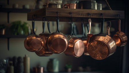 Kitchen utensils collection hanging on wooden shelf generated by artificial intelligenceの素材